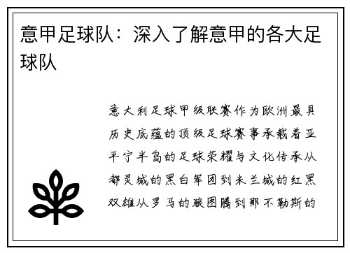 意甲足球队：深入了解意甲的各大足球队
